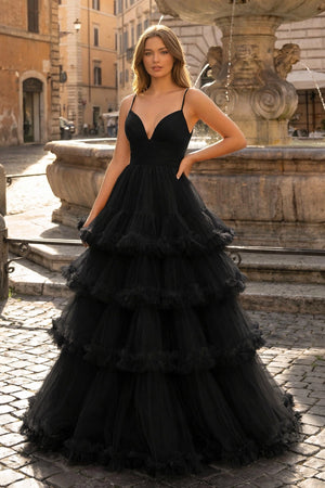 A-line V-Neck tulle prom dress with tiered ruffles in black.