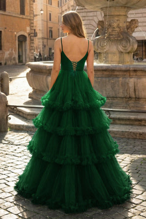 A-line V-Neck Tulle Prom Dress with Tiered Ruffles in emerald green