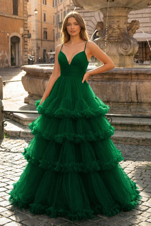 A-line V-neck tulle prom dress with tiered ruffles in vibrant green.