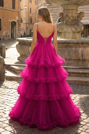 A-line V-Neck tulle prom dress with vibrant tiered ruffles.