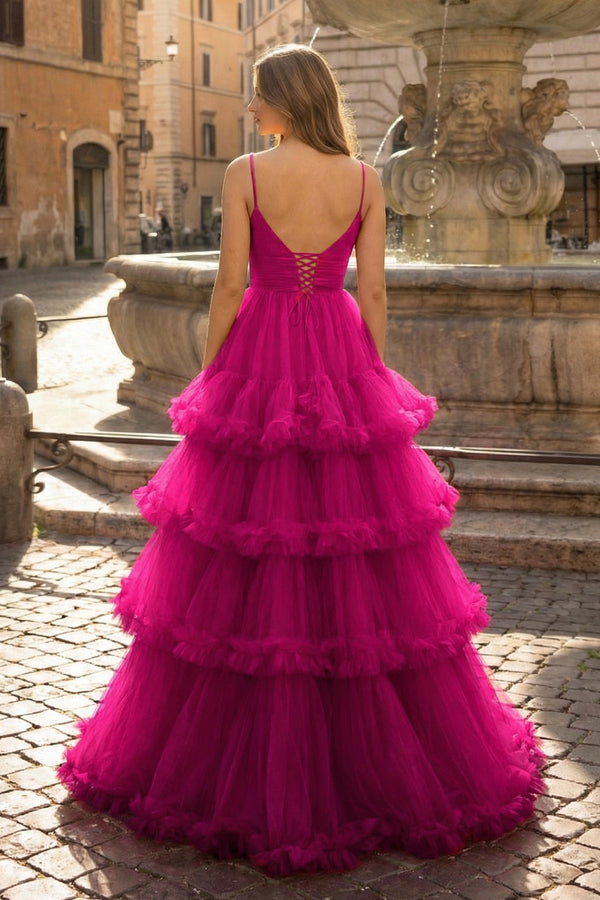 A-line V-Neck tulle prom dress with vibrant tiered ruffles.