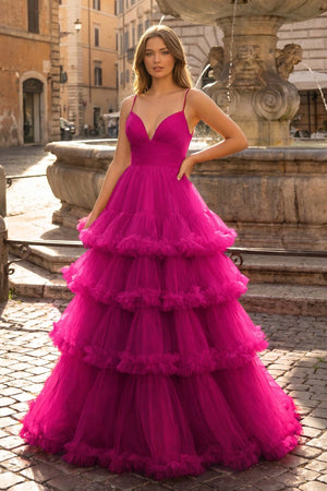 A-line V-neck tulle prom dress with vibrant tiered ruffles.
