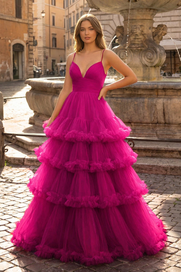A-line V-neck tulle prom dress with vibrant tiered ruffles.