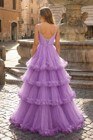 A-line V-Neck tulle prom dress with tiered ruffles in lavender.