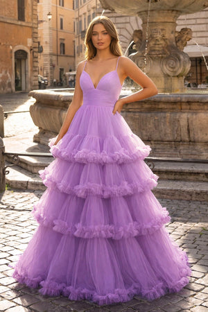A-line V-Neck tulle prom dress with tiered ruffles in lavender.