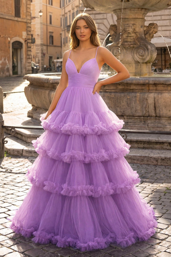 A-line V-Neck tulle prom dress with tiered ruffles in lavender.