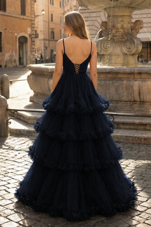 A-line V-neck tulle prom dress with tiered ruffles in navy blue.