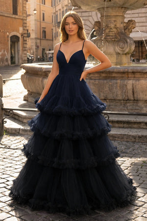 A-line V-Neck tulle prom dress with tiered ruffles in navy.