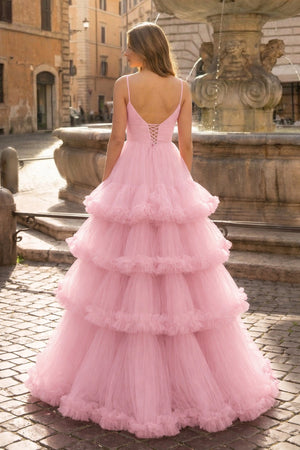 A-line V-neck tulle prom dress with tiered ruffles in soft pink.