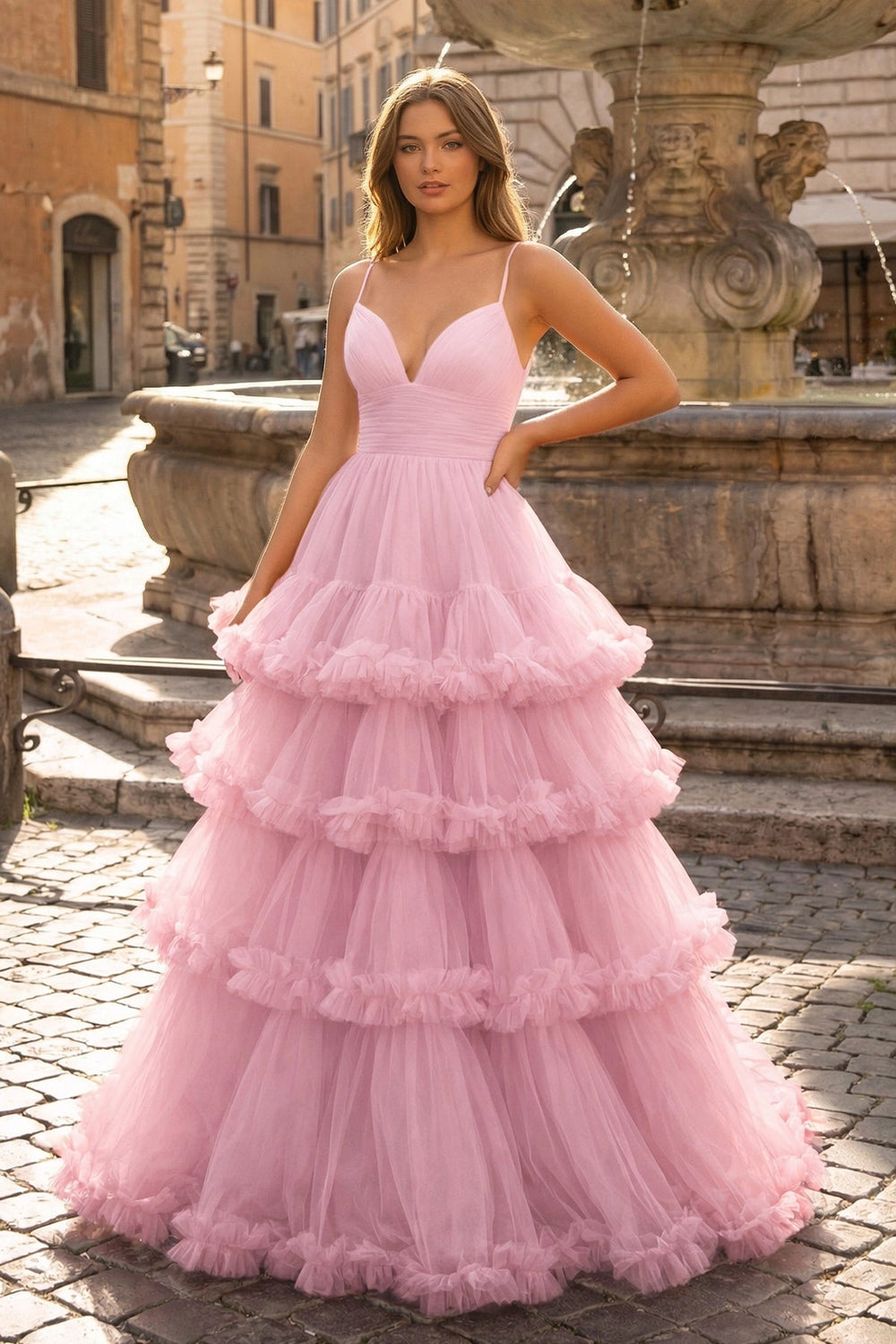 Pink  A - line V - Neck Tulle Prom Dress with Tiered Ruffles - KissProm