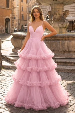 A-line V-Neck Tulle Prom Dress with Tiered Ruffles in soft pink