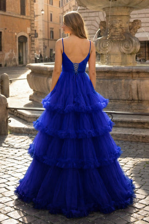 A-line V-Neck Tulle Prom Dress with Tiered Ruffles in vibrant blue