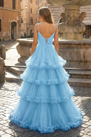 A-line V-Neck Tulle Prom Dress with Elegant Tiered Ruffles