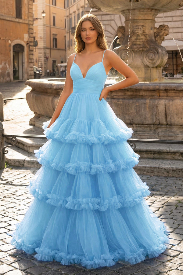 A-line V-Neck tulle prom dress with elegant tiered ruffles.