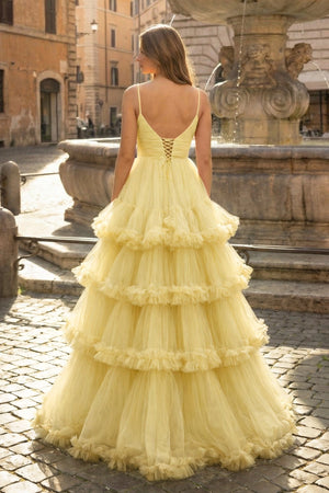 A-line V-Neck Tulle Prom Dress with Tiered Ruffles in Soft Yellow