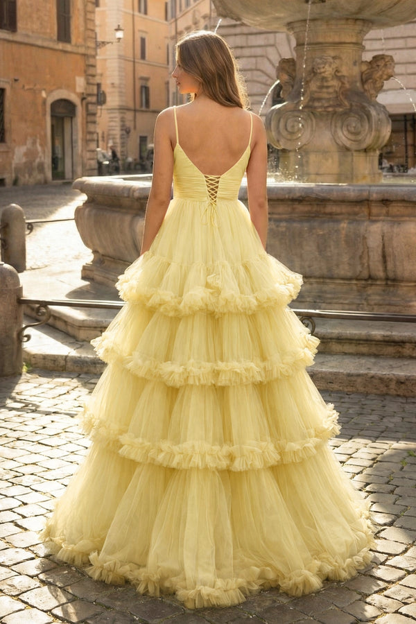 A-line V-Neck Tulle Prom Dress with Tiered Ruffles in Soft Yellow