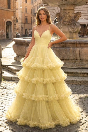 A-line V-neck tulle prom dress with tiered ruffles in soft yellow.