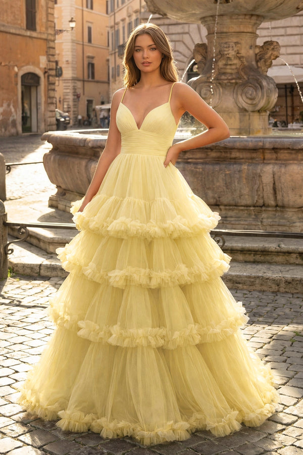 A-line V-neck tulle prom dress with tiered ruffles in soft yellow.
