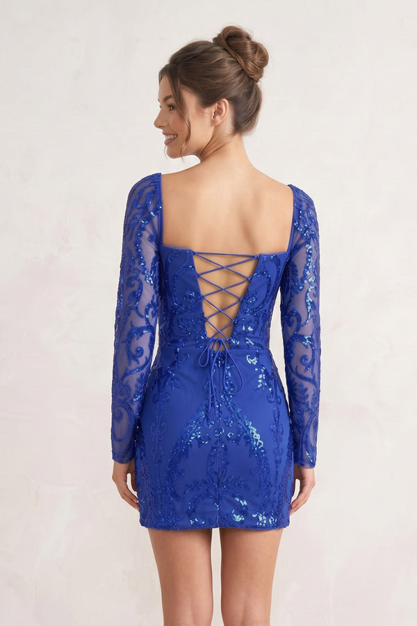 Royal Blue Square Neck Sheath Long Sleeves Sequins Mini Party Dresses - KissProm 