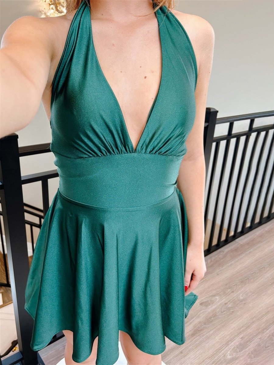Sylvette | Emerald - Halter A Line Satin Short Homecoming Dress