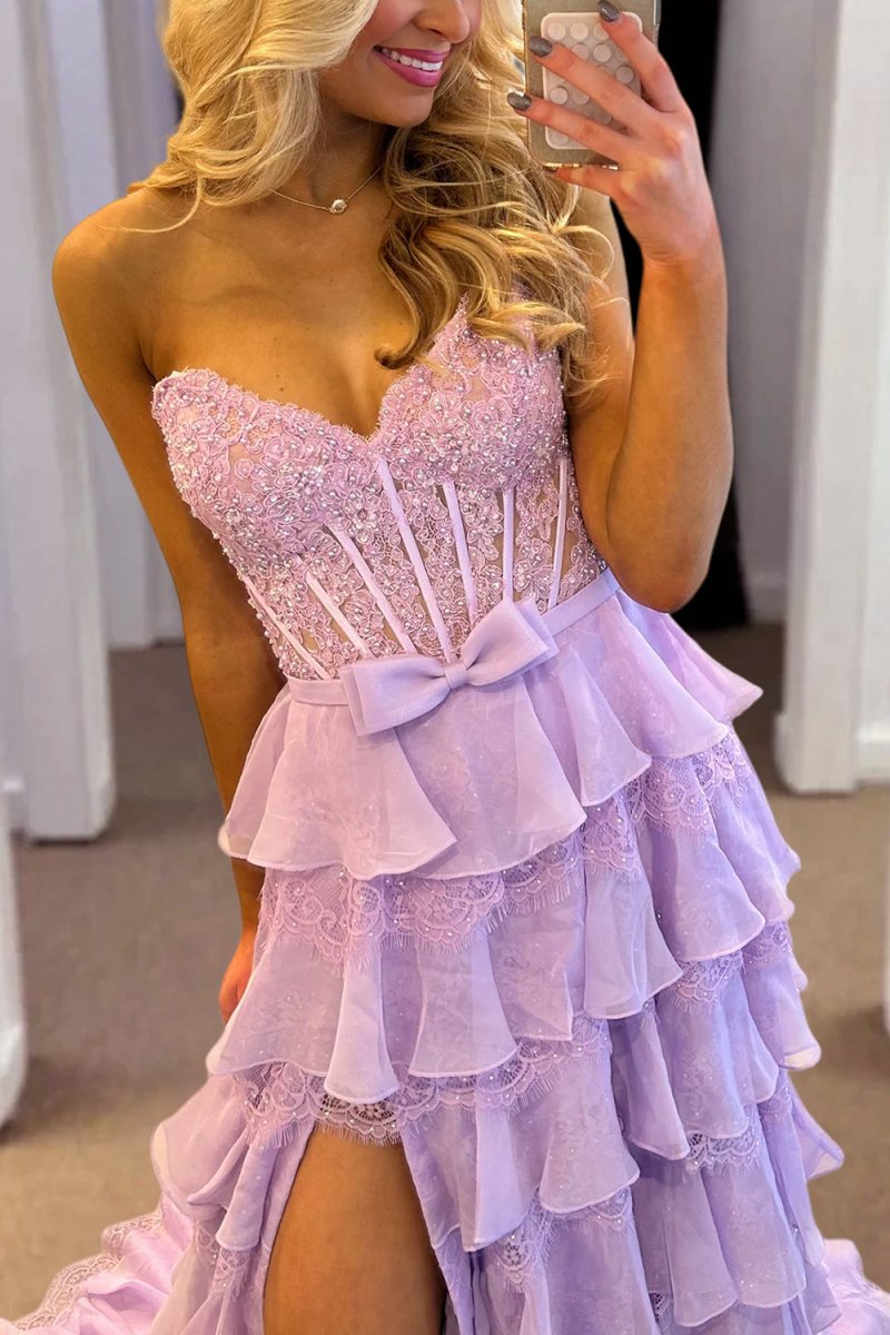 Syrina | Lavender - Strapless A Line Chiffon Tiered Prom Dresses With Bow - KissProm