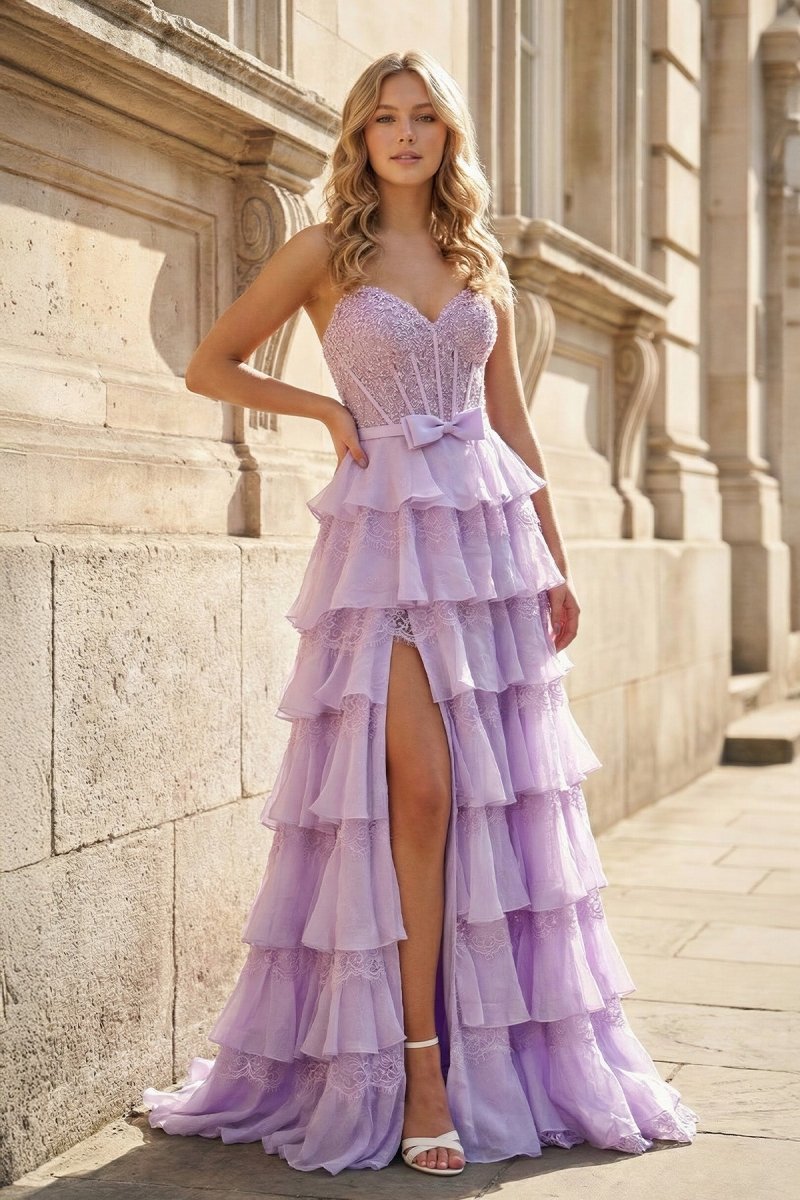 Lavender - Strapless A Line Chiffon Tiered Prom Dresses With Bow - KissProm