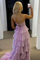 Syrina | Lavender - Strapless A Line Chiffon Tiered Prom Dresses With Bow - KissProm