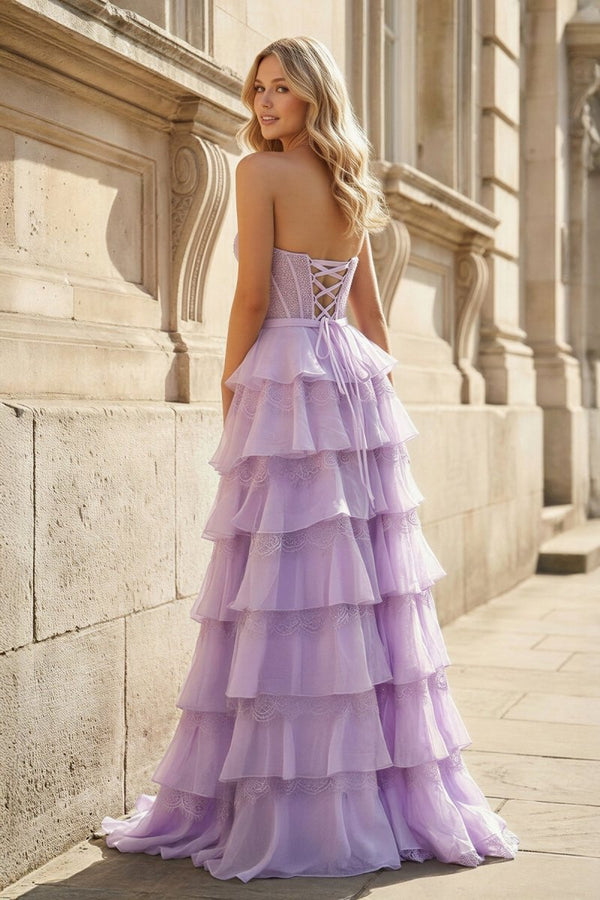 Lavender - Sweetheart A Line Chiffon Tiered Prom Dresses With Bow – Prom Dresses by KissProm | Available at KissProm