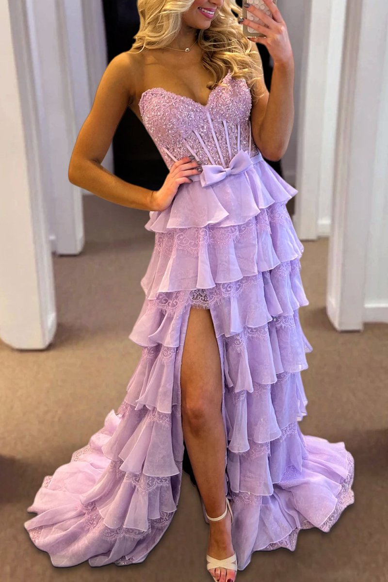 Syrina | Lavender - Strapless A Line Chiffon Tiered Prom Dresses With Bow - KissProm