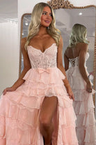 Syrina | Pink - Strapless A Line Chiffon Tiered Prom Dresses With Bow - KissProm