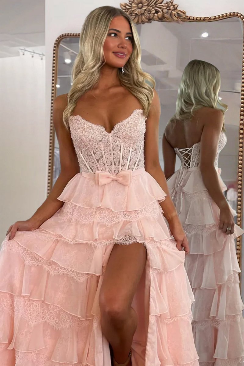 Syrina | Pink - Strapless A Line Chiffon Tiered Prom Dresses With Bow - KissProm