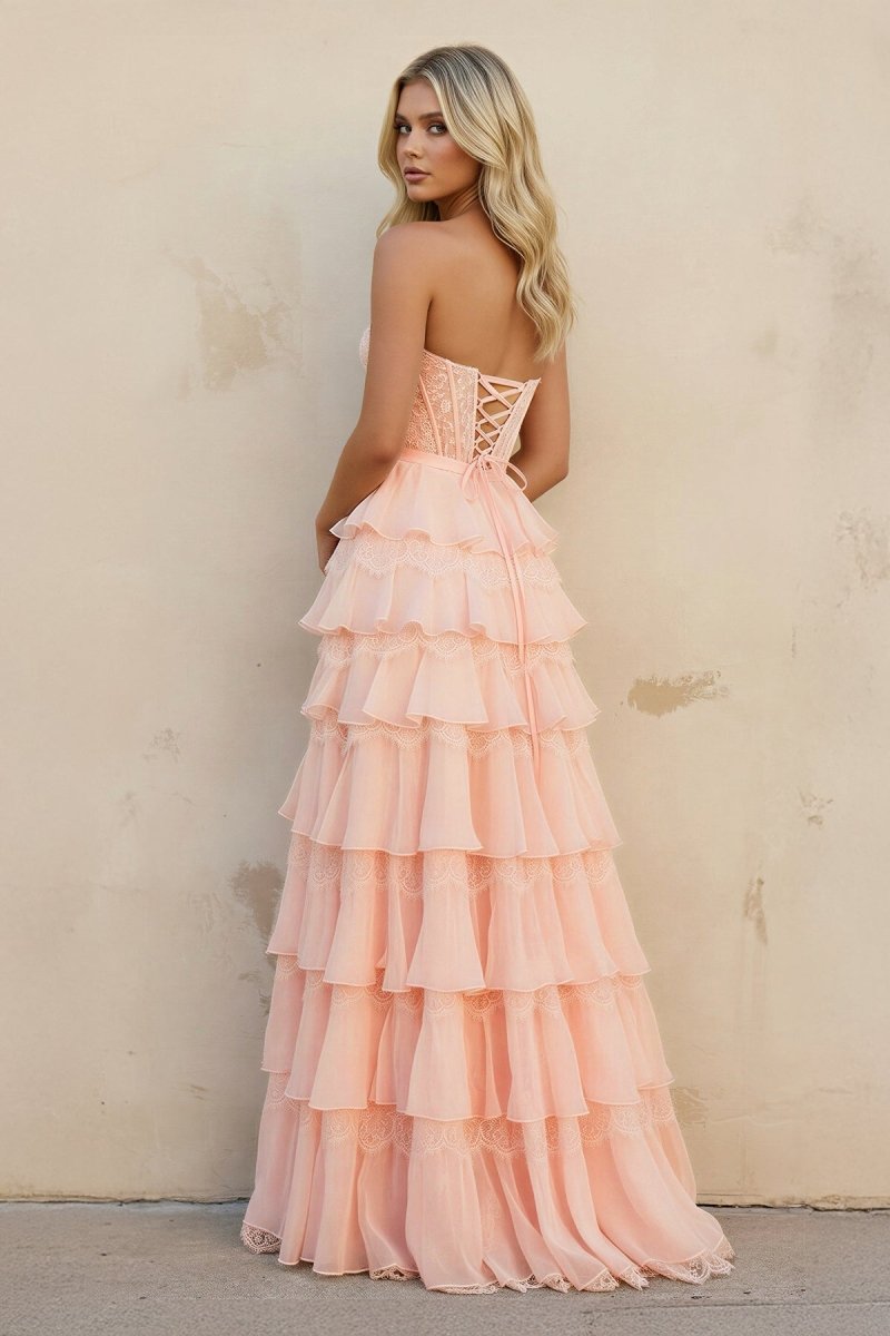 Pink - Strapless A Line Chiffon Tiered Prom Dresses With Bow - KissProm