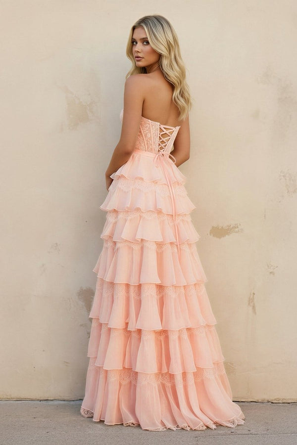 Pink - Strapless A Line Chiffon Tiered Prom Dresses With Bow - KissProm
