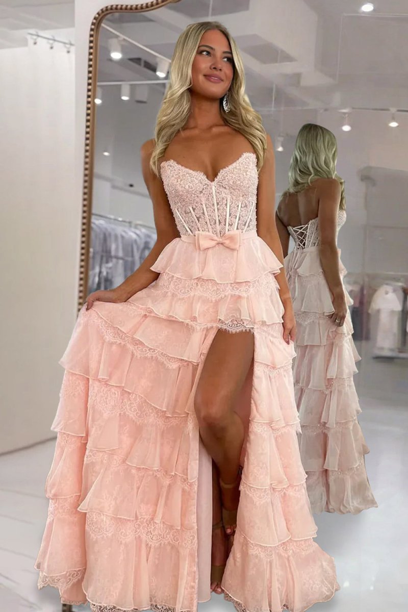 Syrina | Pink - Strapless A Line Chiffon Tiered Prom Dresses With Bow - KissProm