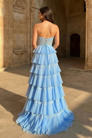 Sky Blue - Sweetheart A Line Chiffon Tiered Prom Dresses With Bow – Prom Dresses by KissProm | Available at KissProm