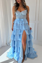Syrina | Sky Blue - Strapless A Line Chiffon Tiered Prom Dresses With Bow - KissProm
