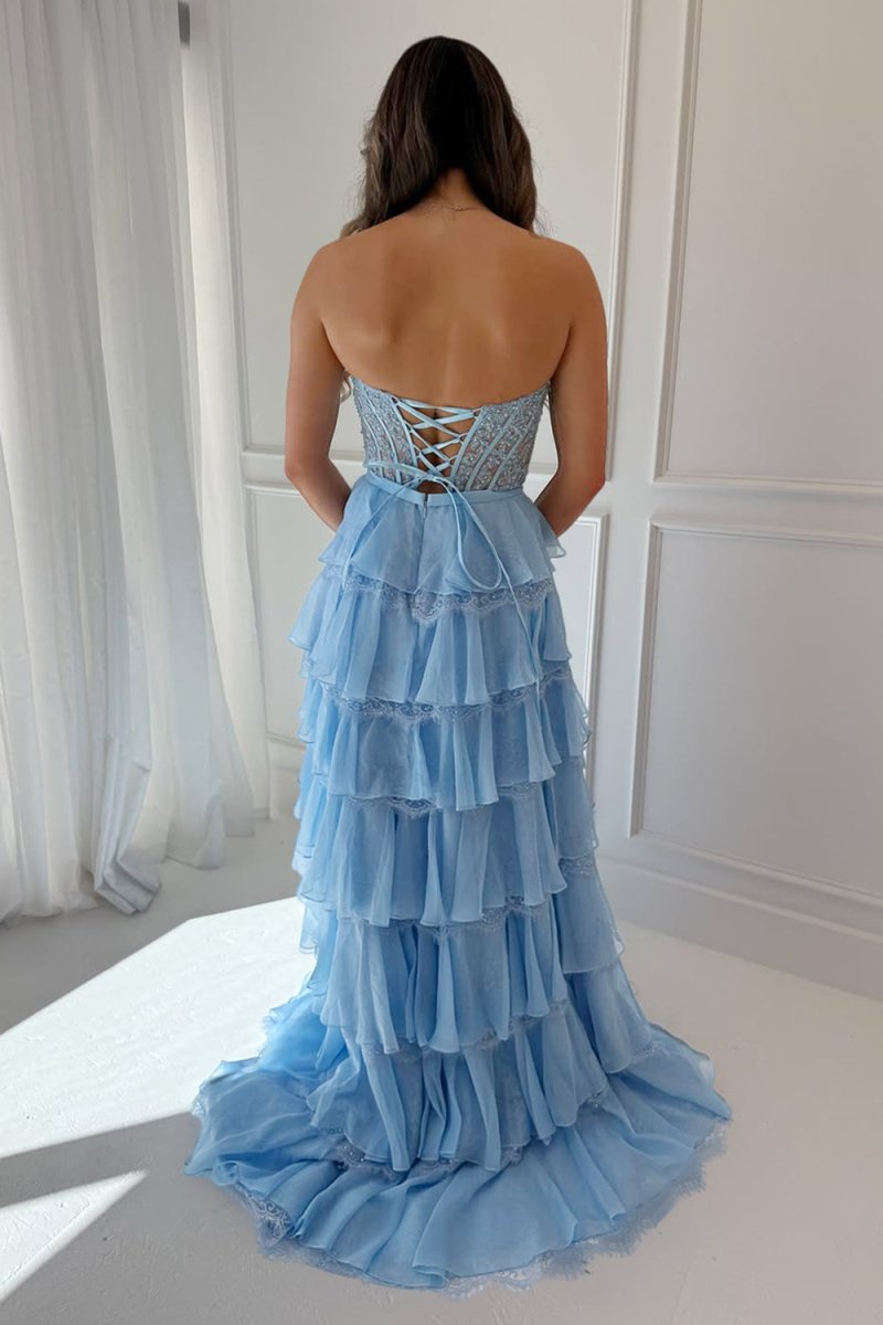 Syrina | Sky Blue - Strapless A Line Chiffon Tiered Prom Dresses With Bow - KissProm
