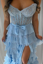 Syrina | Sky Blue - Strapless A Line Chiffon Tiered Prom Dresses With Bow - KissProm