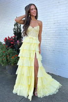Syrina | Yellow - Strapless A Line Chiffon Tiered Prom Dresses With Bow - KissProm