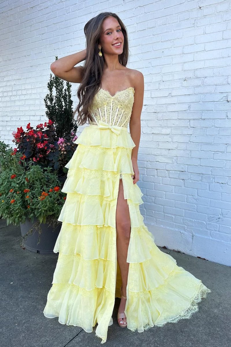 Syrina | Yellow - Strapless A Line Chiffon Tiered Prom Dresses With Bow - KissProm