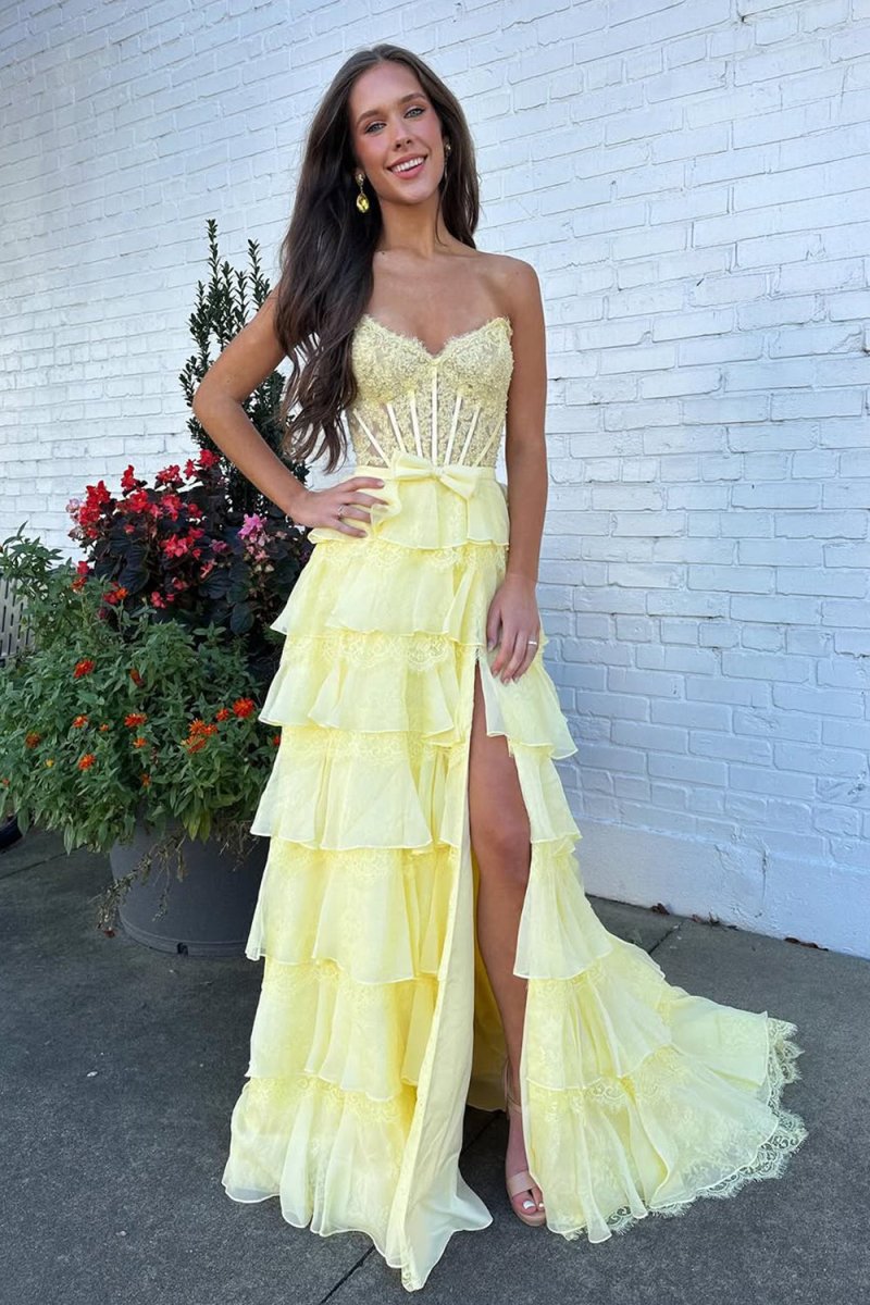 Syrina | Yellow - Strapless A Line Chiffon Tiered Prom Dresses With Bow - KissProm