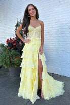 Syrina | Yellow - Strapless A Line Chiffon Tiered Prom Dresses With Bow - KissProm