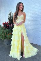 Syrina | Yellow - Strapless A Line Chiffon Tiered Prom Dresses With Bow - KissProm