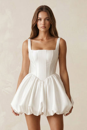 Taffeta A - line Square Neck Mini Wedding Dress in White - KissProm Wedding Dresses