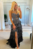 Tahlia | Black - Strapless A Line Satin Beaded Long Prom Dresses With Ruffles-KissProm