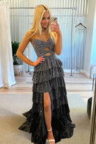 Tahlia | Black - Strapless A Line Satin Beaded Long Prom Dresses With Ruffles-KissProm