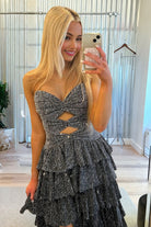 Tahlia | Black - Strapless A Line Satin Beaded Long Prom Dresses With Ruffles-KissProm