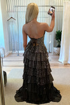 Tahlia | Black - Strapless A Line Satin Beaded Long Prom Dresses With Ruffles-KissProm