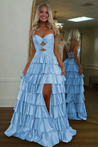 Tahlia | Blue - Strapless A Line Satin Beaded Long Prom Dresses With Ruffles-KissProm