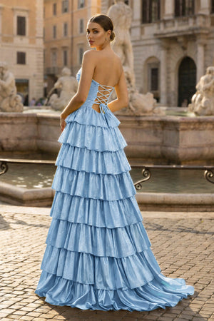 KissProm-Blue Strapless A Line Satin Beaded Long Prom Dresses With Ruffles